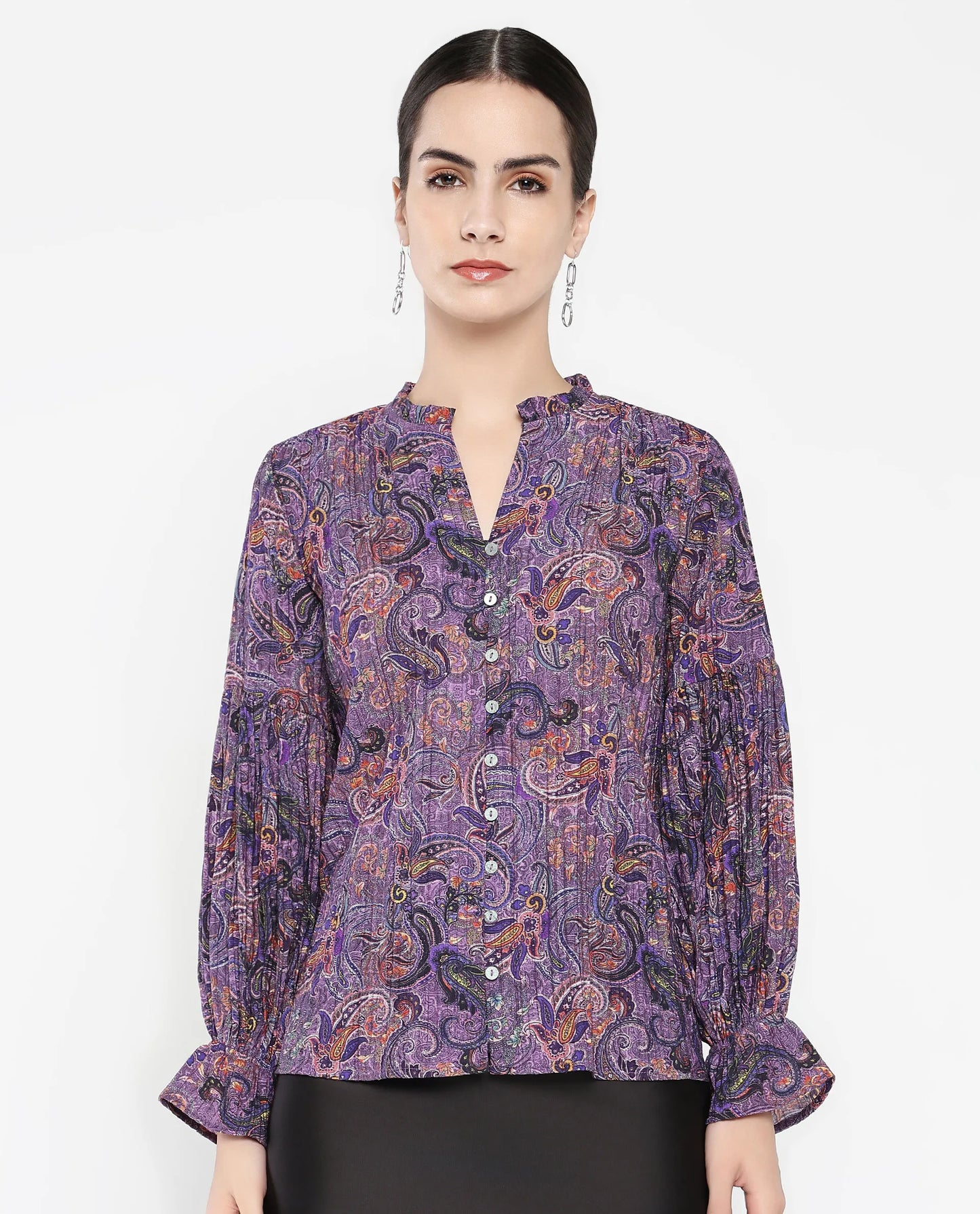 Rareism Women Lafia Multi Viscose Fabric Lantern Sleeve V-Neck Button Closure Paisley Print Top