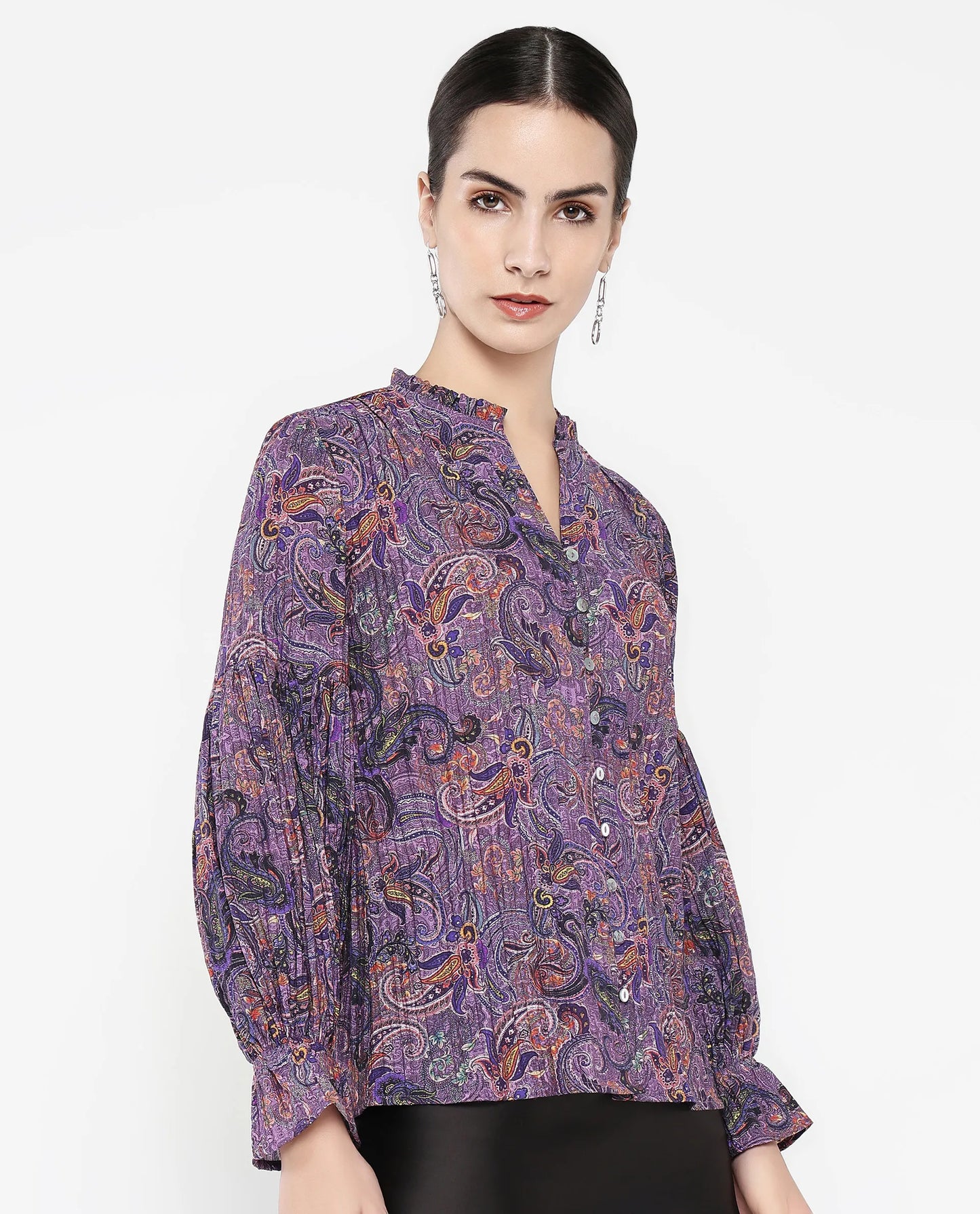 Rareism Women Lafia Multi Viscose Fabric Lantern Sleeve V-Neck Button Closure Paisley Print Top