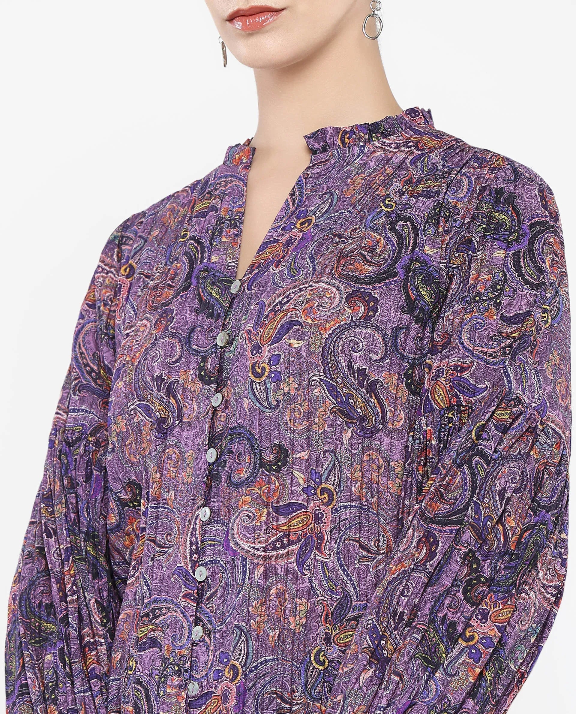 Rareism Women Lafia Multi Viscose Fabric Lantern Sleeve V-Neck Button Closure Paisley Print Top