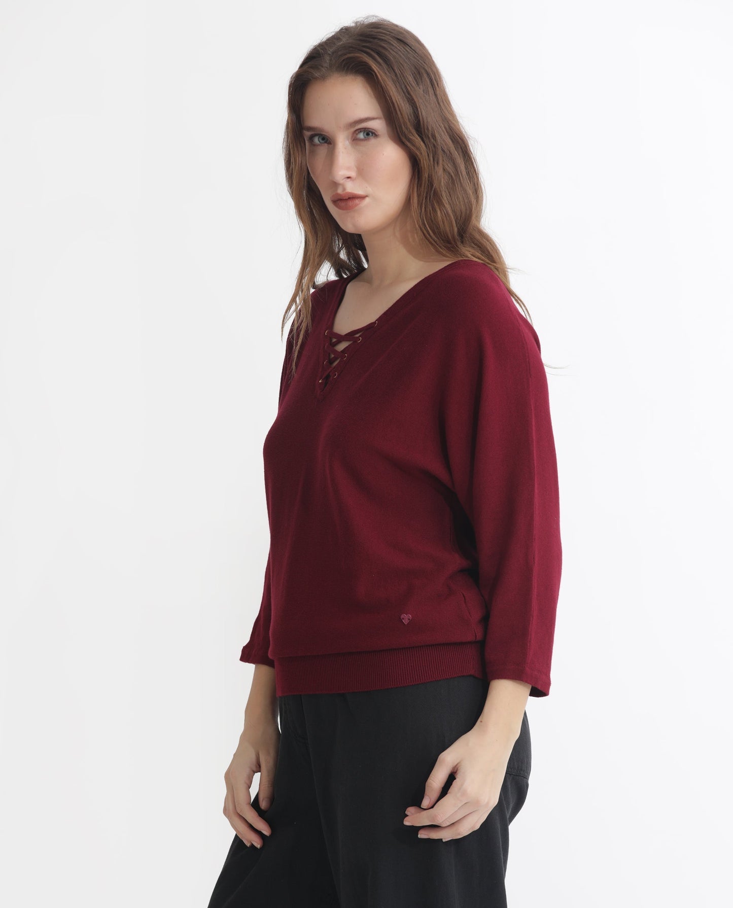 Rareism Women Laine Maroon Viscose Fabric Full Sleeves V-Neck Kimono Sleeve Regular Fit Plain Top