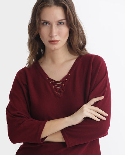 Rareism Women Laine Maroon Viscose Fabric Full Sleeves V-Neck Kimono Sleeve Regular Fit Plain Top