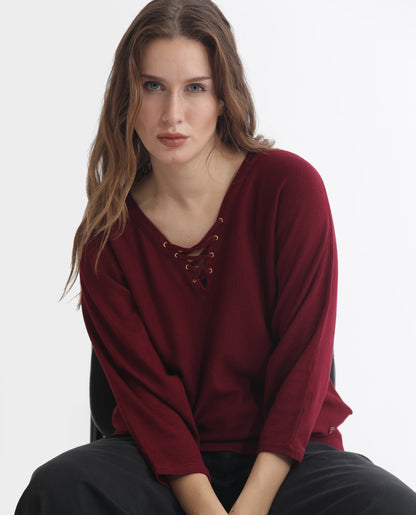 Rareism Women Laine Maroon Viscose Fabric Full Sleeves V-Neck Kimono Sleeve Regular Fit Plain Top