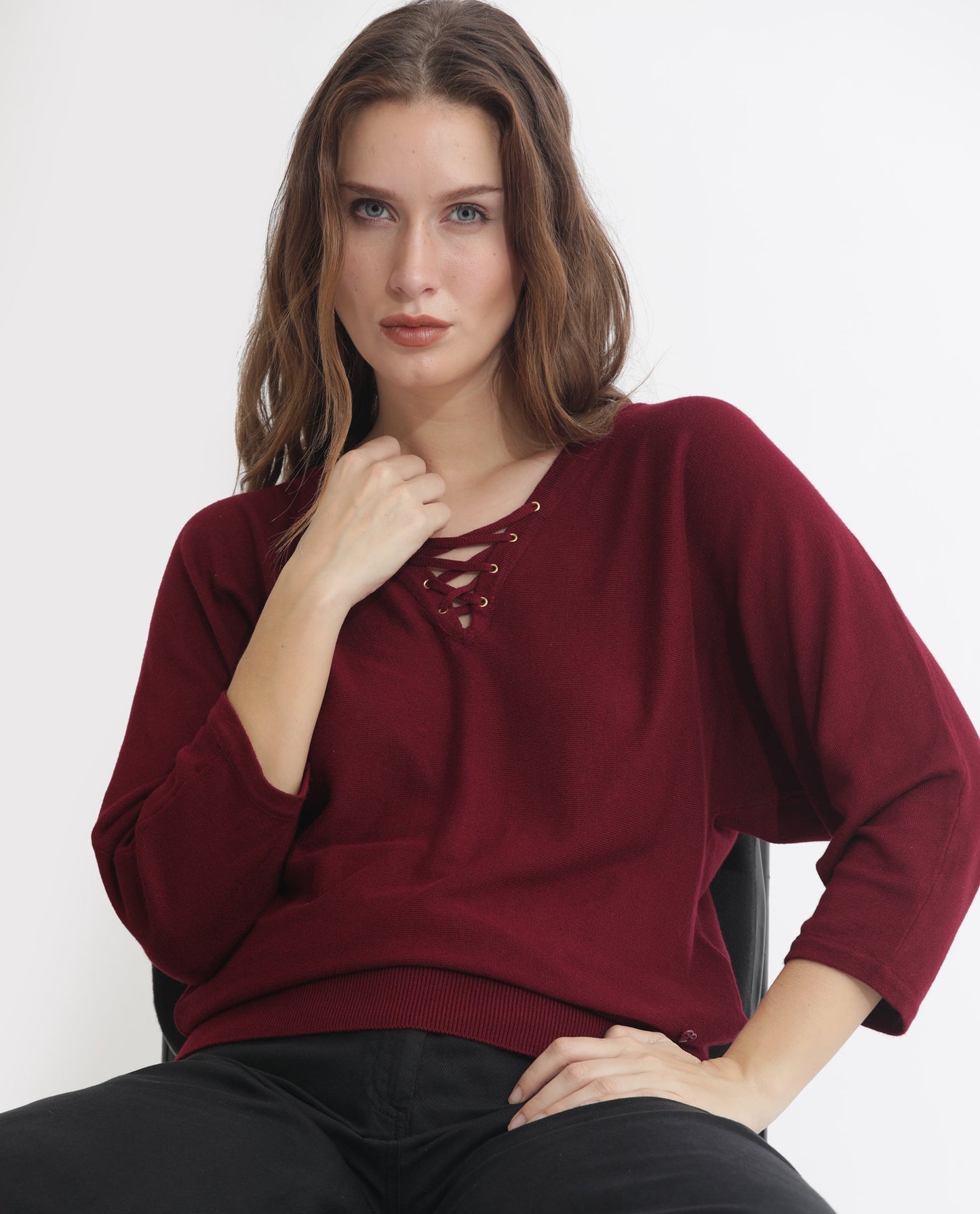 Rareism Women Laine Maroon Viscose Fabric Full Sleeves V-Neck Kimono Sleeve Regular Fit Plain Top