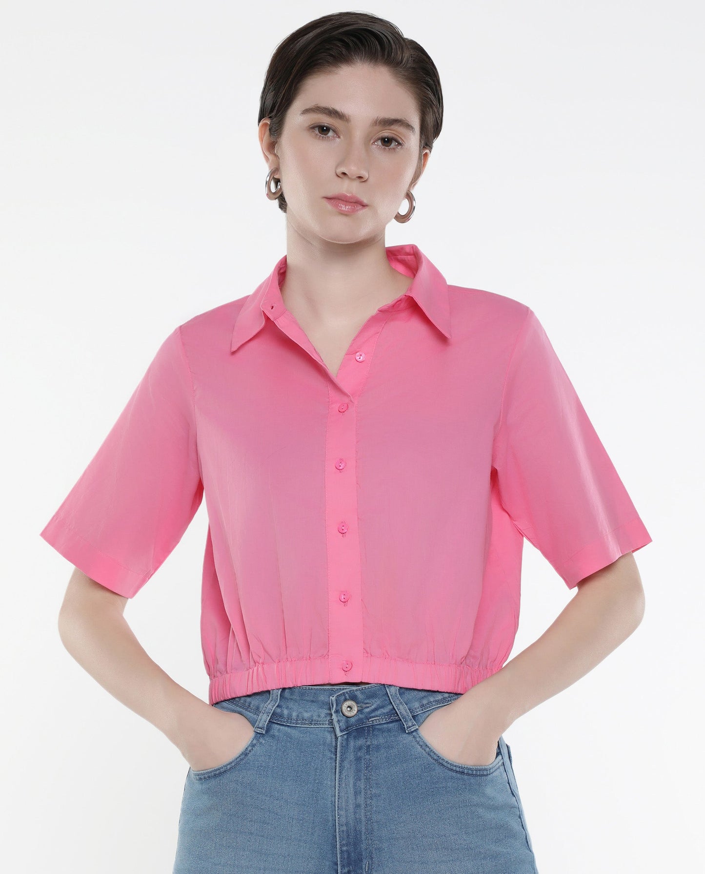 Rareism Women Lakeavi Pink Short Sleeve Collared Neck Button Closure Cropped Plain Top