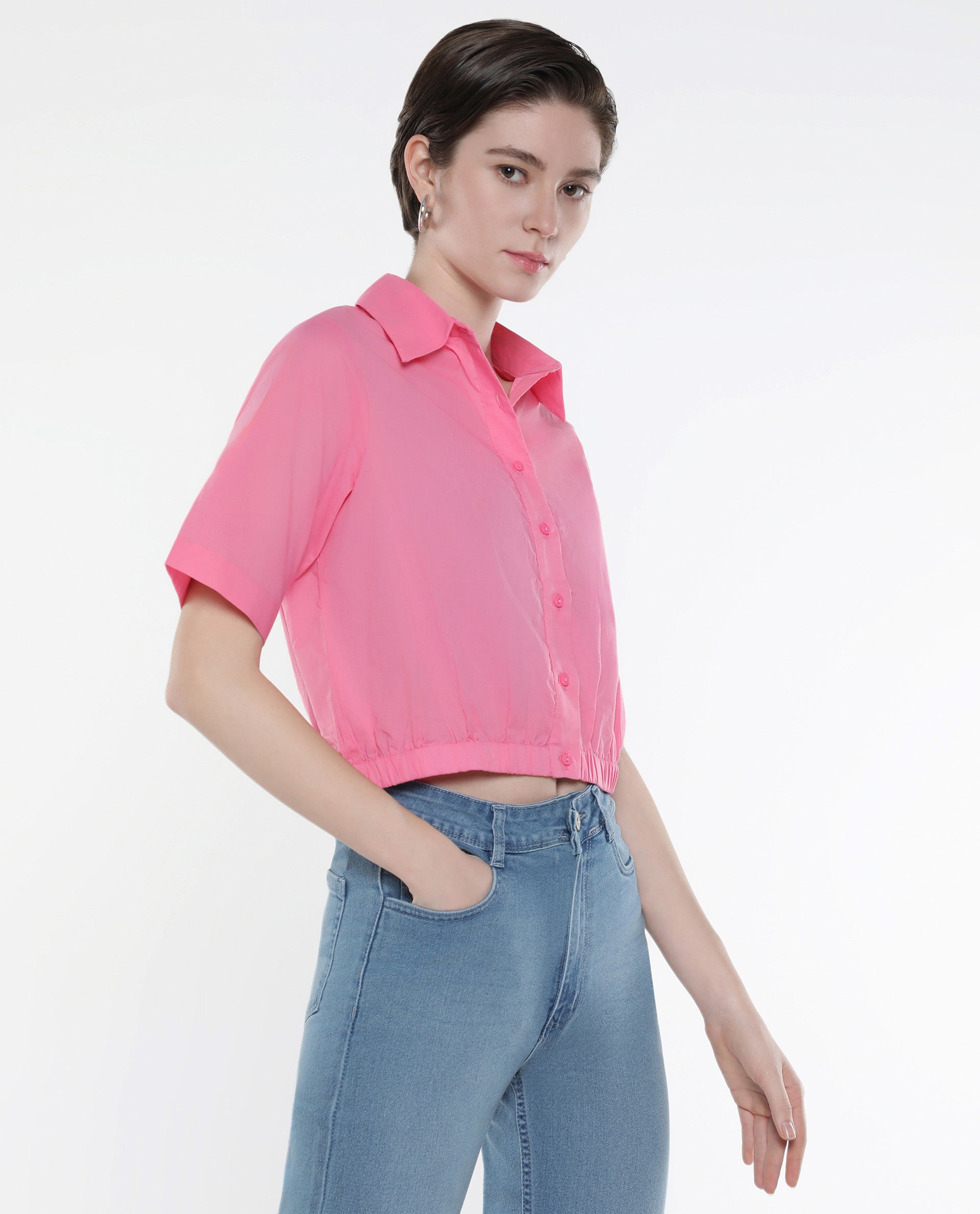 Rareism Women Lakeavi Pink Short Sleeve Collared Neck Button Closure Cropped Plain Top