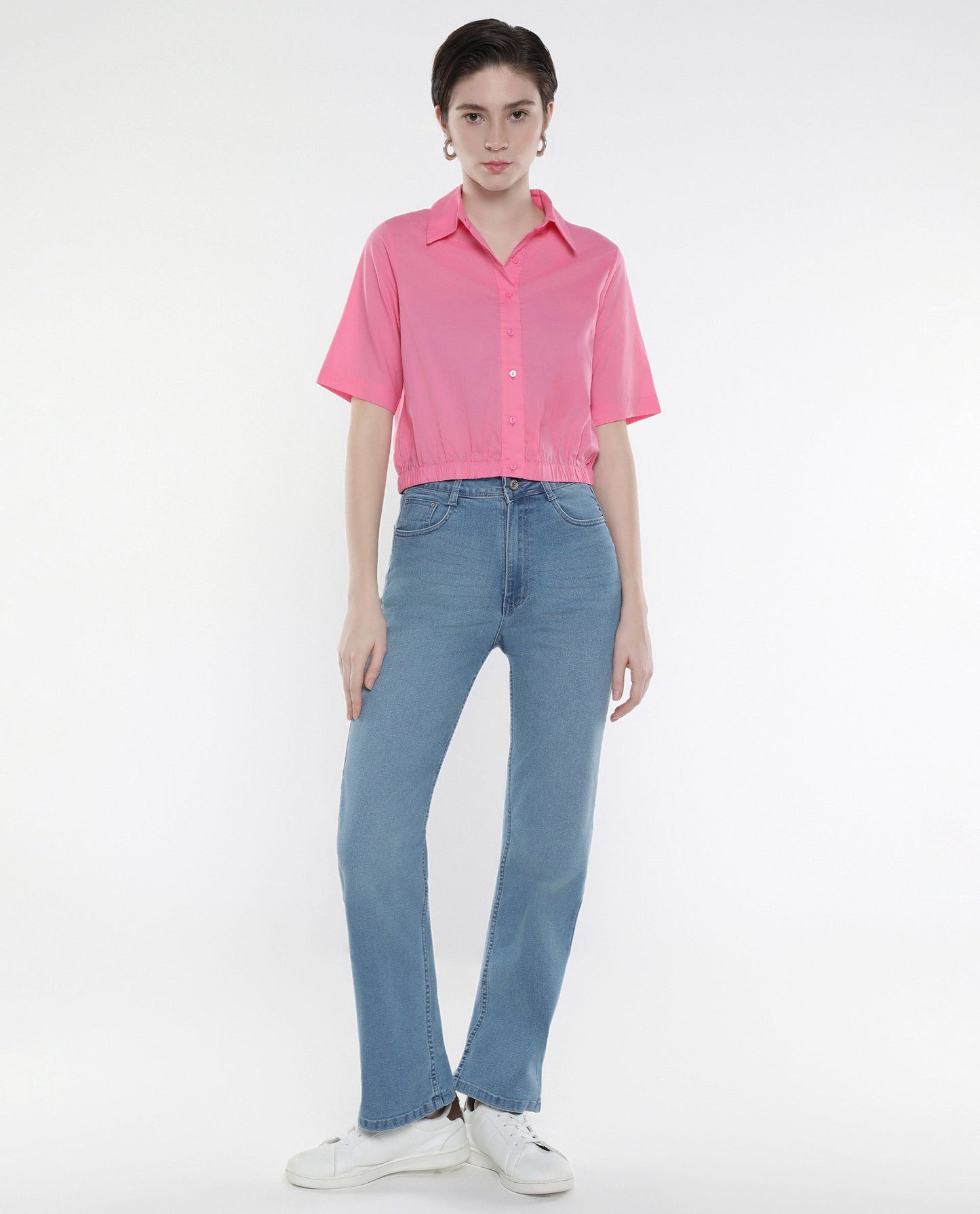 Rareism Women Lakeavi Pink Short Sleeve Collared Neck Button Closure Cropped Plain Top