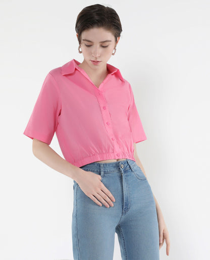 Rareism Women Lakeavi Pink Short Sleeve Collared Neck Button Closure Cropped Plain Top