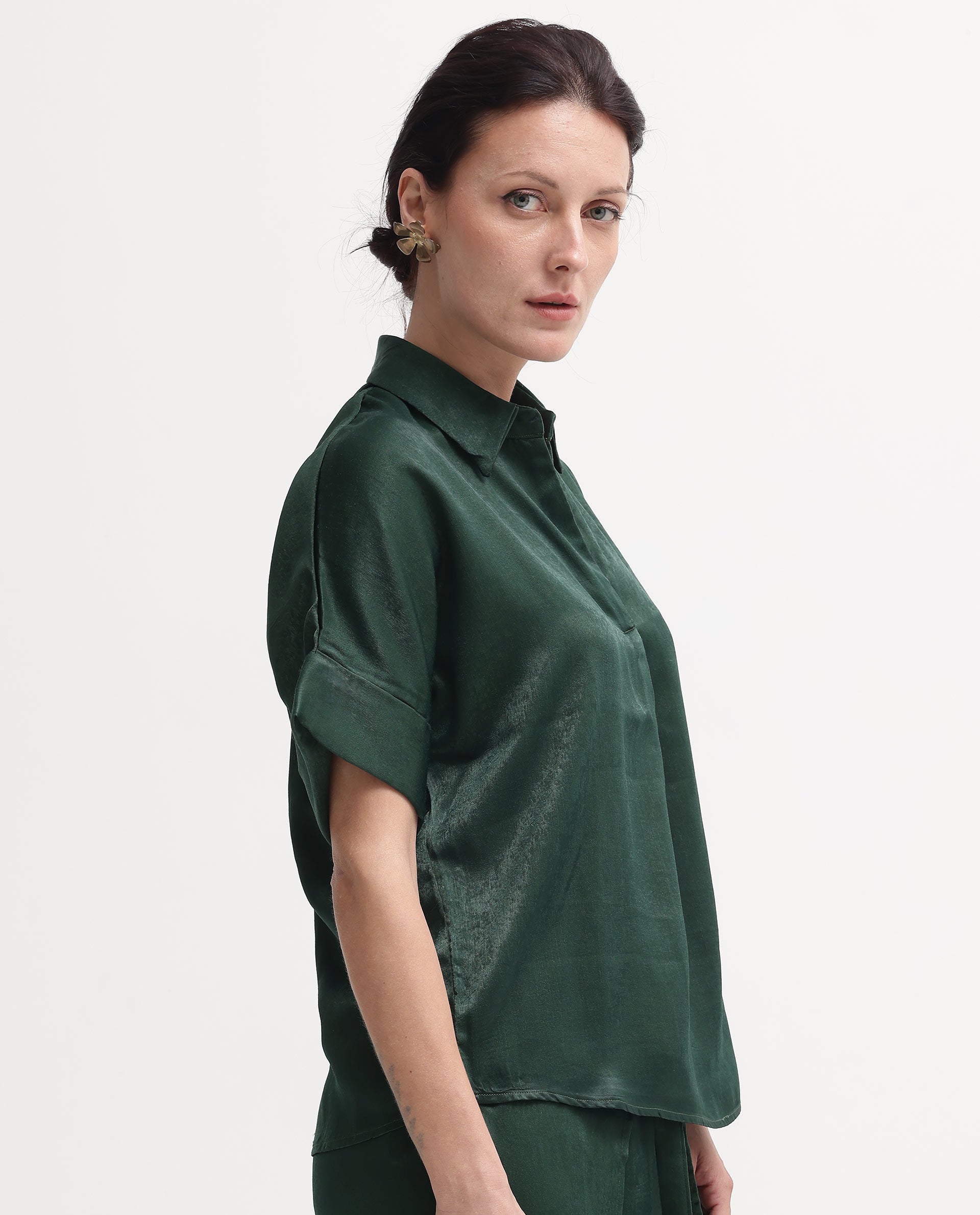 Rareism Women Lamona-T Dark Green Extended Sleeves Collared Neck Boxy Fit Plain Top