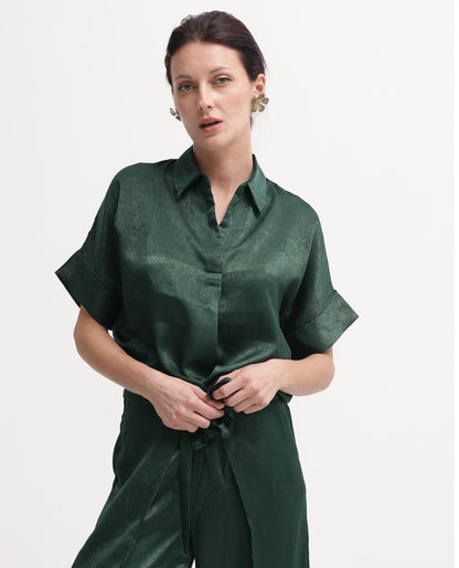 Rareism Women Lamona-T Dark Green Extended Sleeves Collared Neck Boxy Fit Plain Top