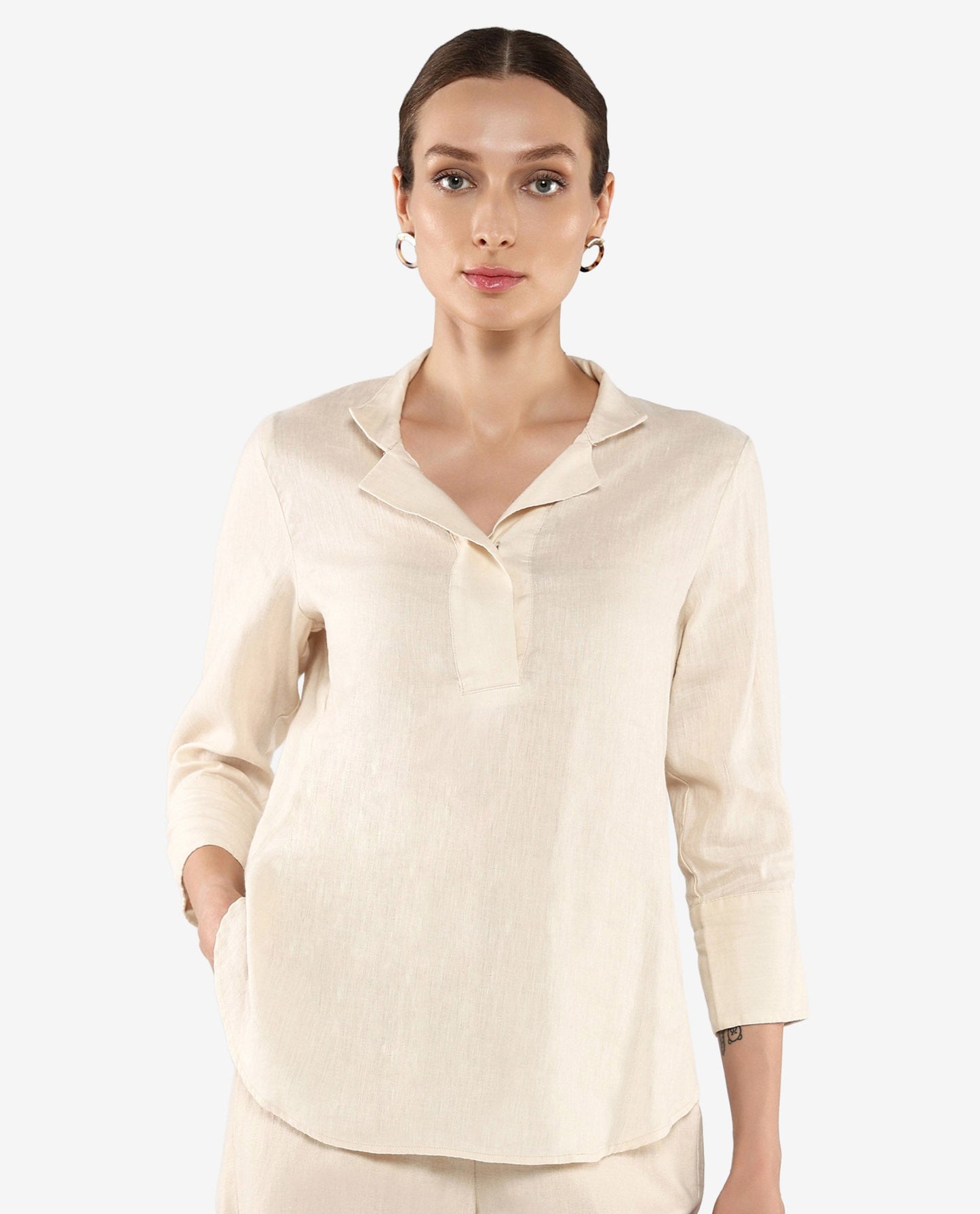 Rareism Women Laos Pastel Beige Cotton Linen Fabric Regular Sleeves V-Neck Solid Regular Length Top