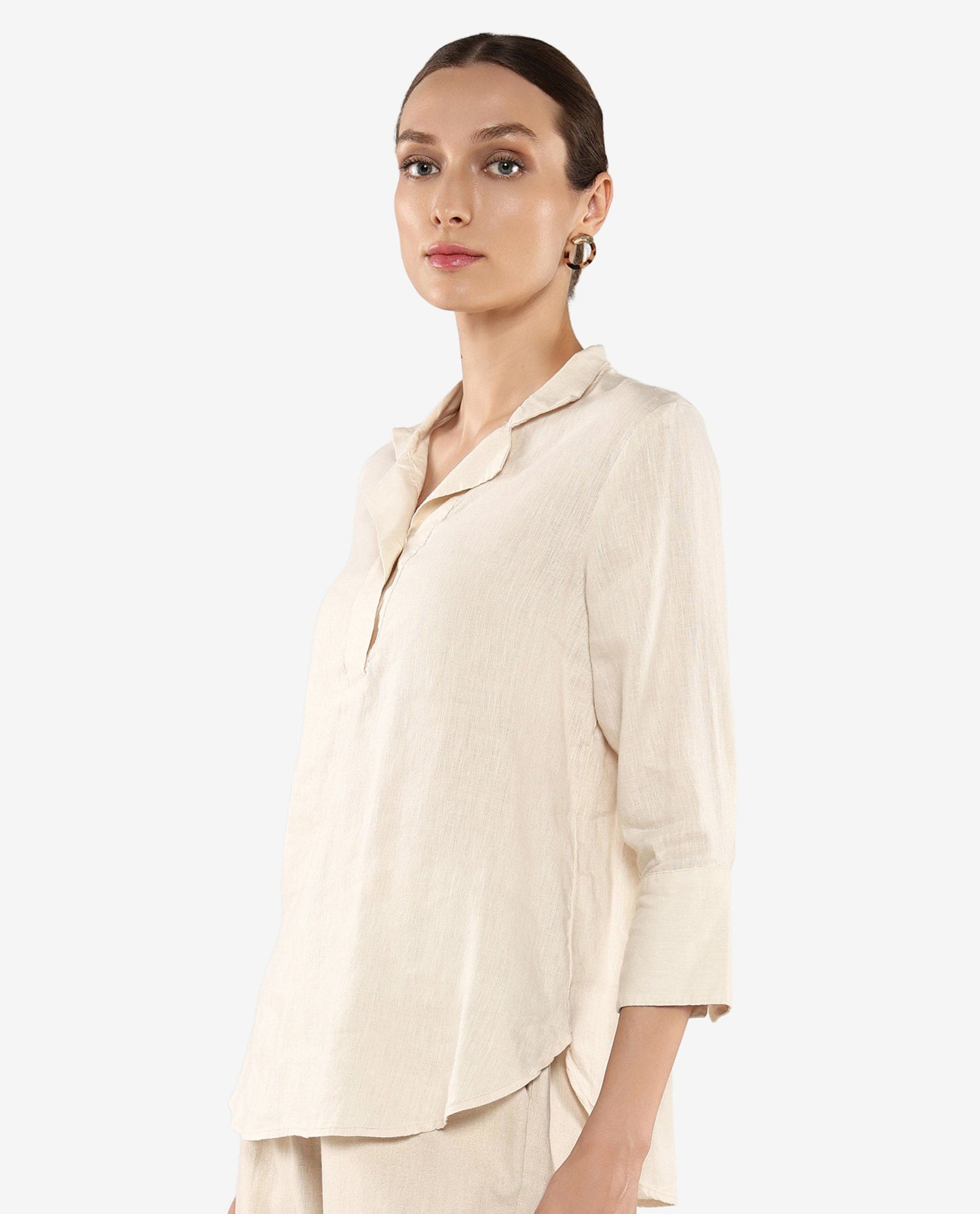 Rareism Women Laos Pastel Beige Cotton Linen Fabric Regular Sleeves V-Neck Solid Regular Length Top