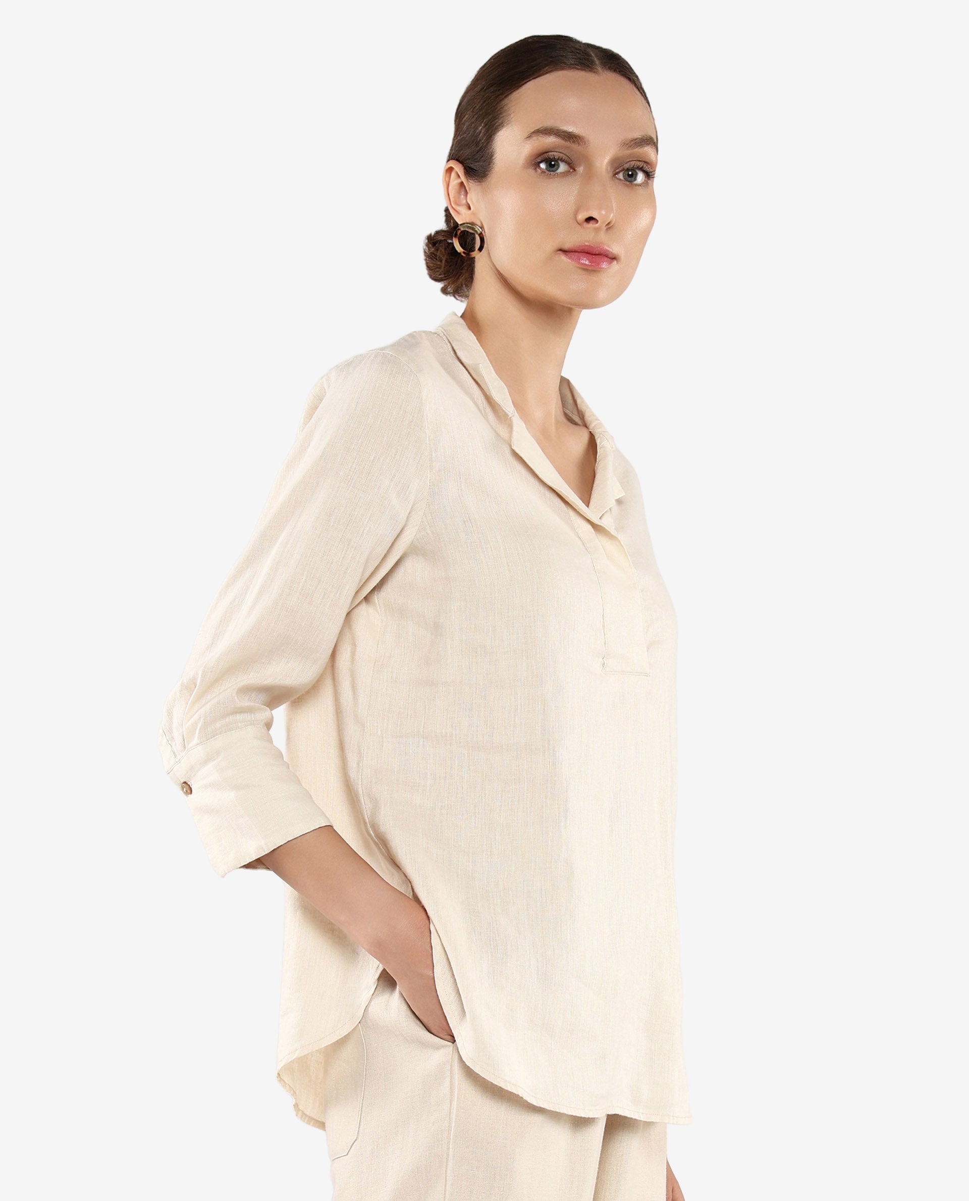 Rareism Women Laos Pastel Beige Cotton Linen Fabric Regular Sleeves V-Neck Solid Regular Length Top