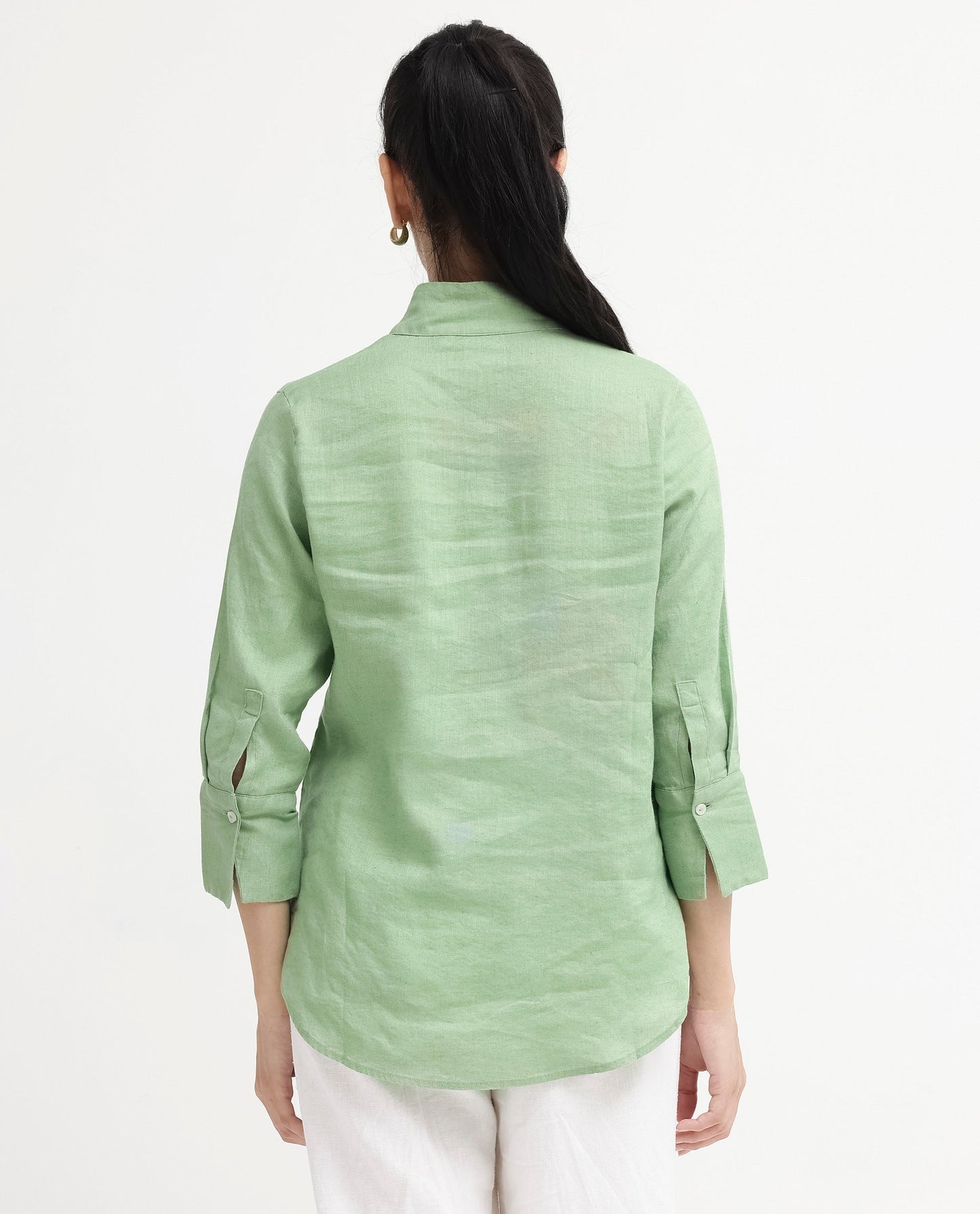 Rareism Women Laos Pastel Green Cotton Linen Fabric Regular Sleeves V-Neck Solid Regular Length Top