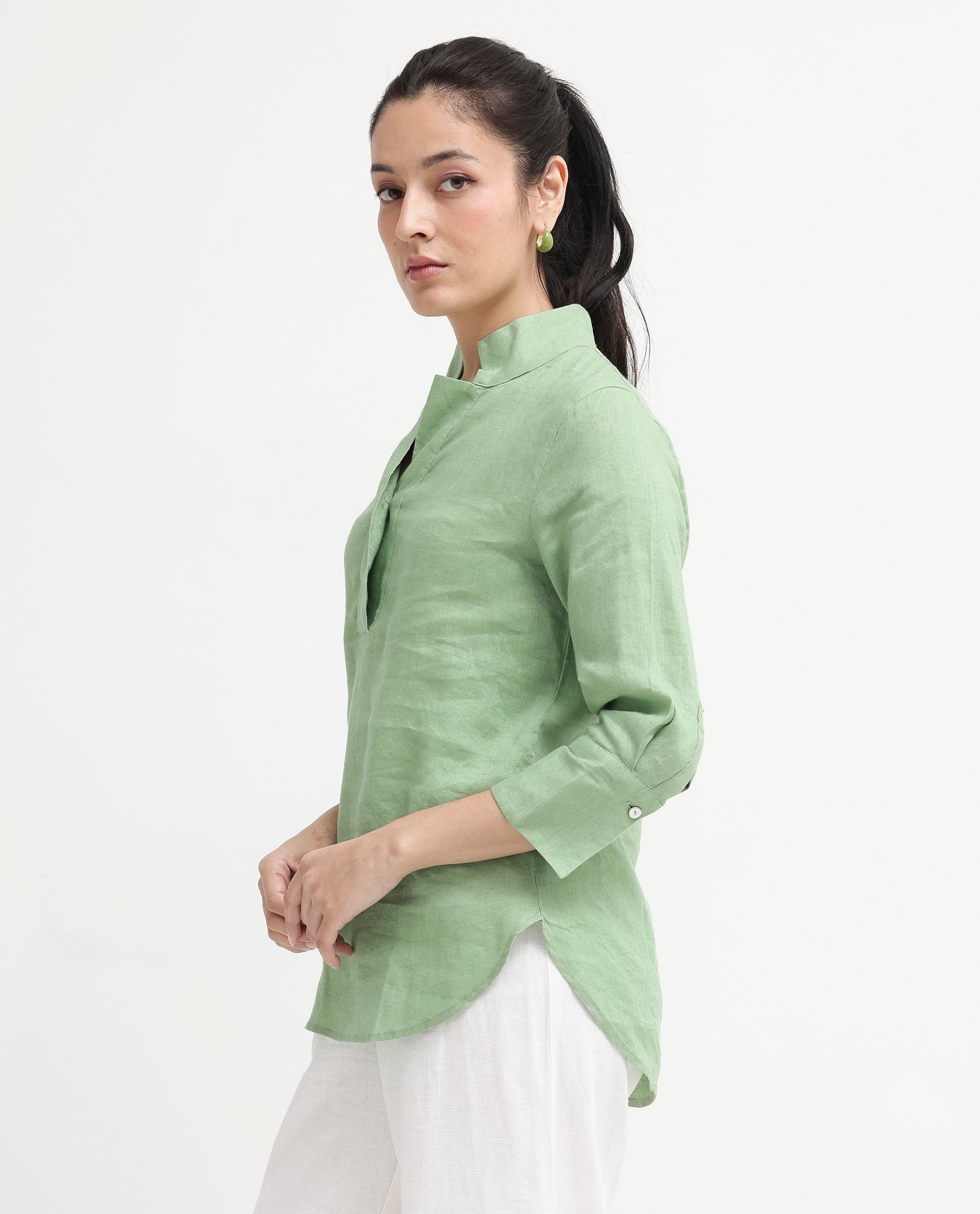 Rareism Women Laos Pastel Green Cotton Linen Fabric Regular Sleeves V-Neck Solid Regular Length Top