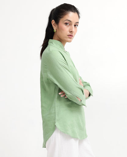 Rareism Women Laos Pastel Green Cotton Linen Fabric Regular Sleeves V-Neck Solid Regular Length Top