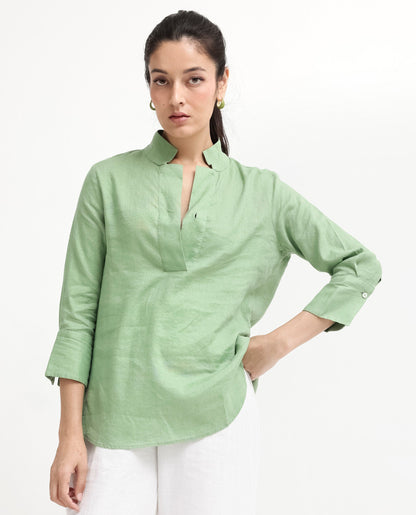 Rareism Women Laos Pastel Green Cotton Linen Fabric Regular Sleeves V-Neck Solid Regular Length Top