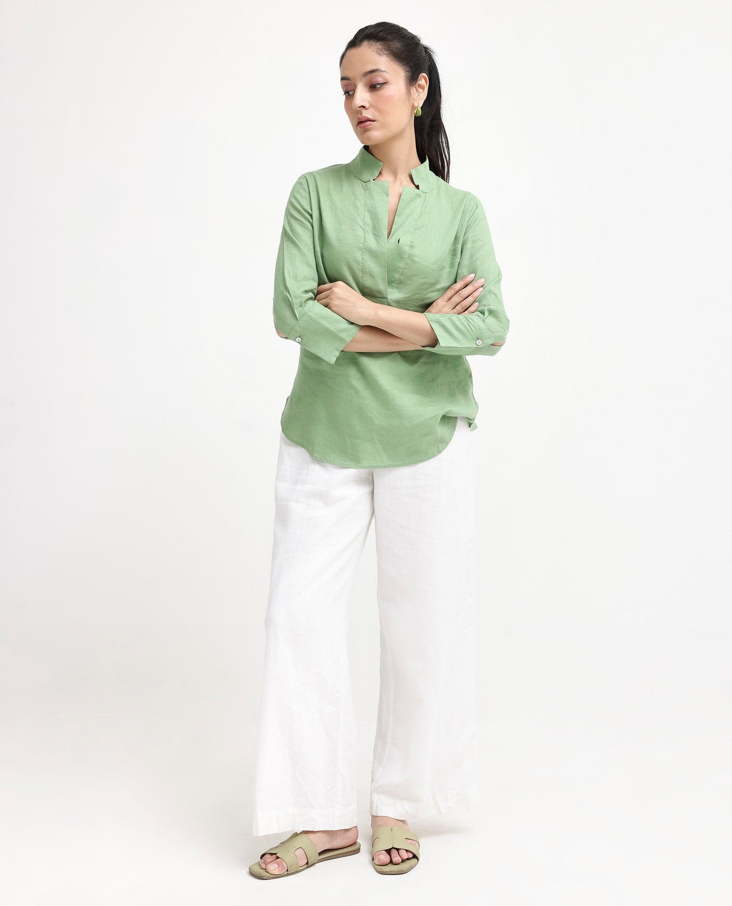 Rareism Women Laos Pastel Green Cotton Linen Fabric Regular Sleeves V-Neck Solid Regular Length Top