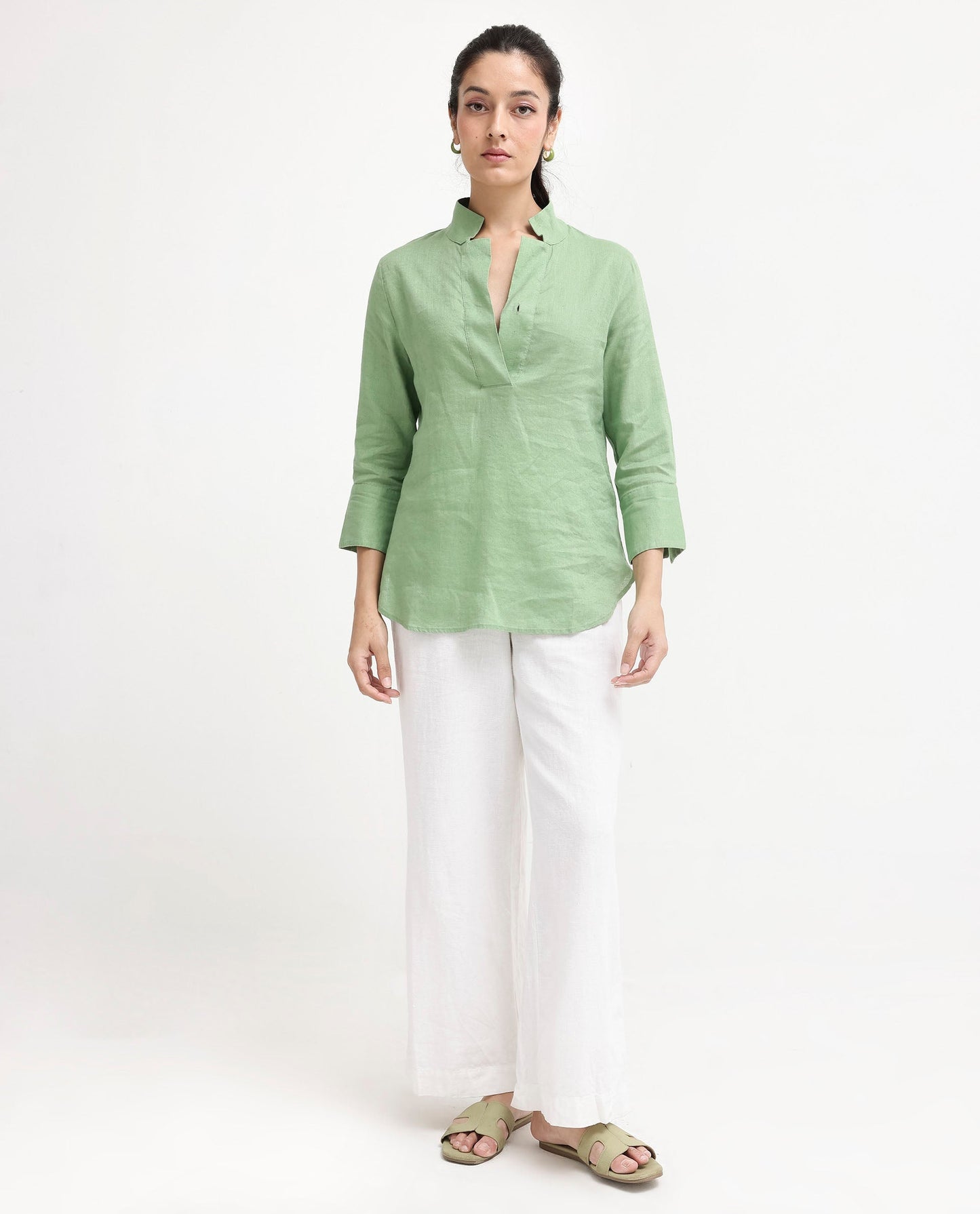 Rareism Women Laos Pastel Green Cotton Linen Fabric Regular Sleeves V-Neck Solid Regular Length Top