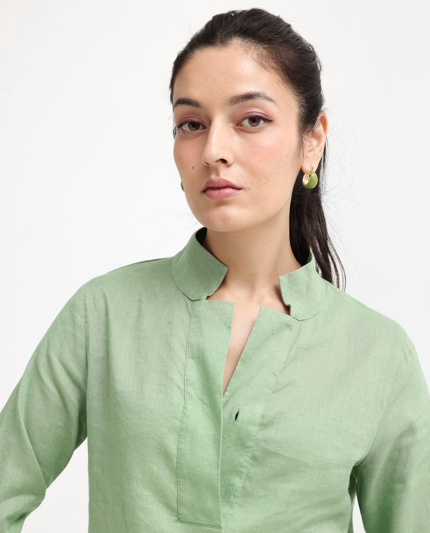 Rareism Women Laos Pastel Green Cotton Linen Fabric Regular Sleeves V-Neck Solid Regular Length Top