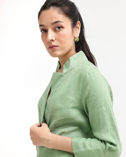 Rareism Women Laos Pastel Green Cotton Linen Fabric Regular Sleeves V-Neck Solid Regular Length Top