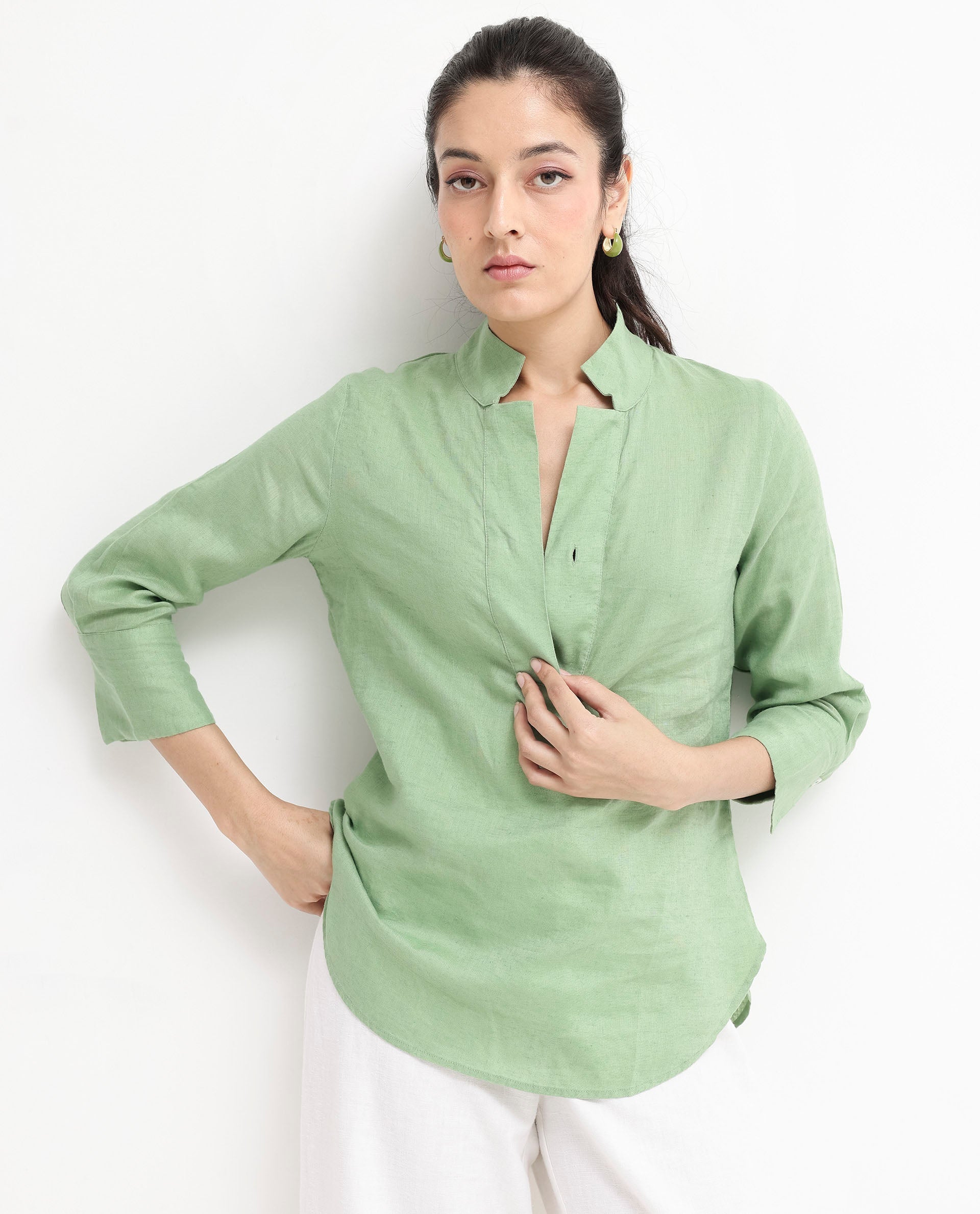 Rareism Women Laos Pastel Green Cotton Linen Fabric Regular Sleeves V-Neck Solid Regular Length Top