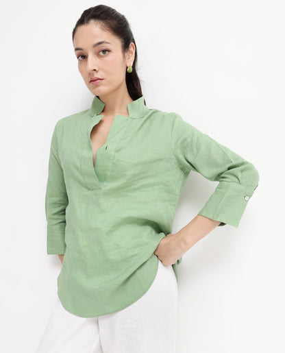 Rareism Women Laos Pastel Green Cotton Linen Fabric Regular Sleeves V-Neck Solid Regular Length Top