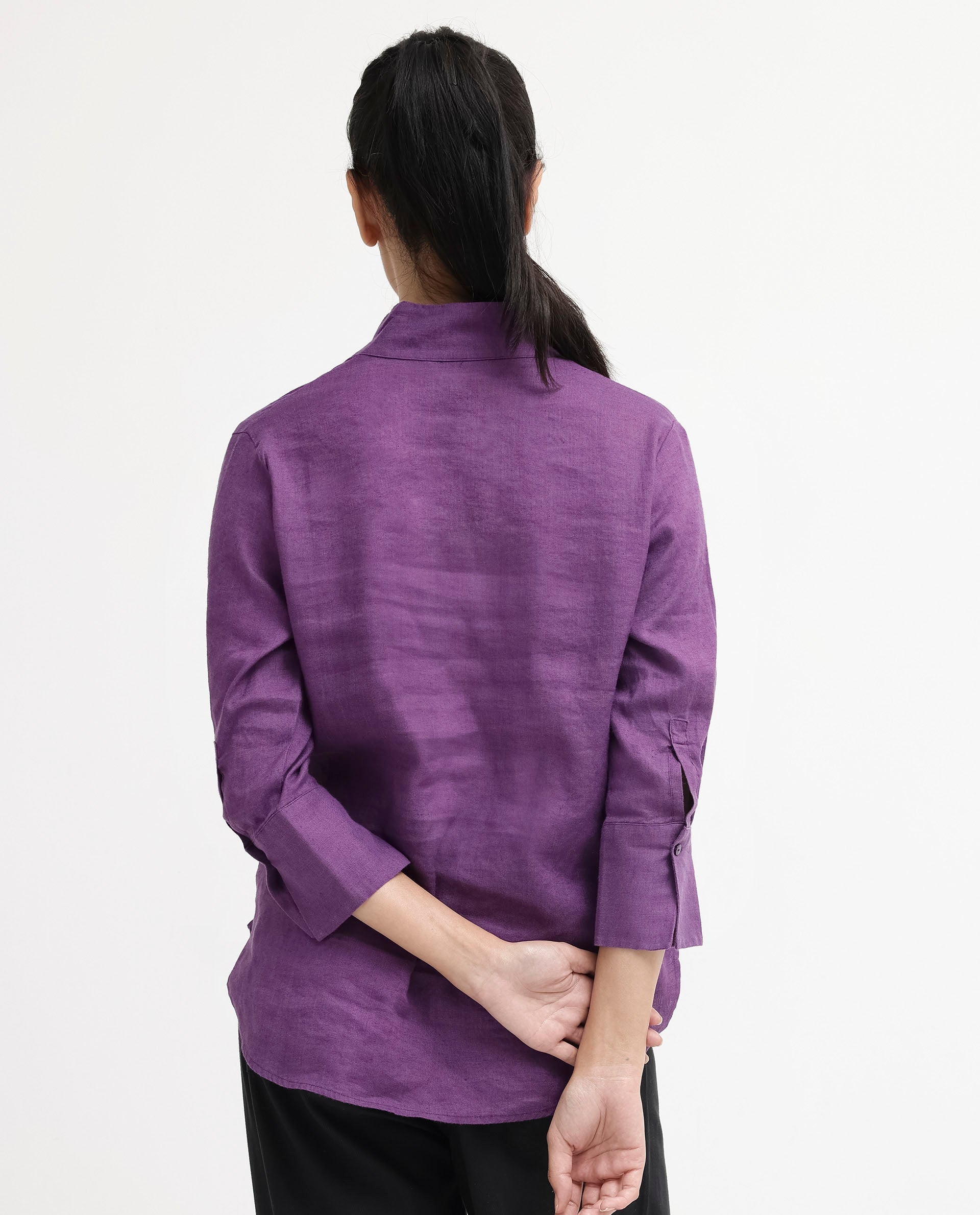 Rareism Women Laos Purple Cotton Linen Fabric Regular Sleeves V-Neck Solid Regular Length Top