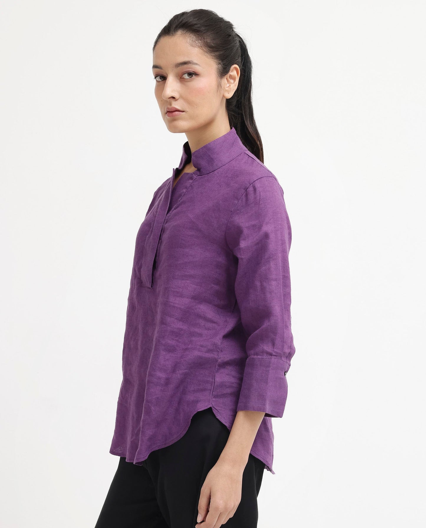 Rareism Women Laos Purple Cotton Linen Fabric Regular Sleeves V-Neck Solid Regular Length Top