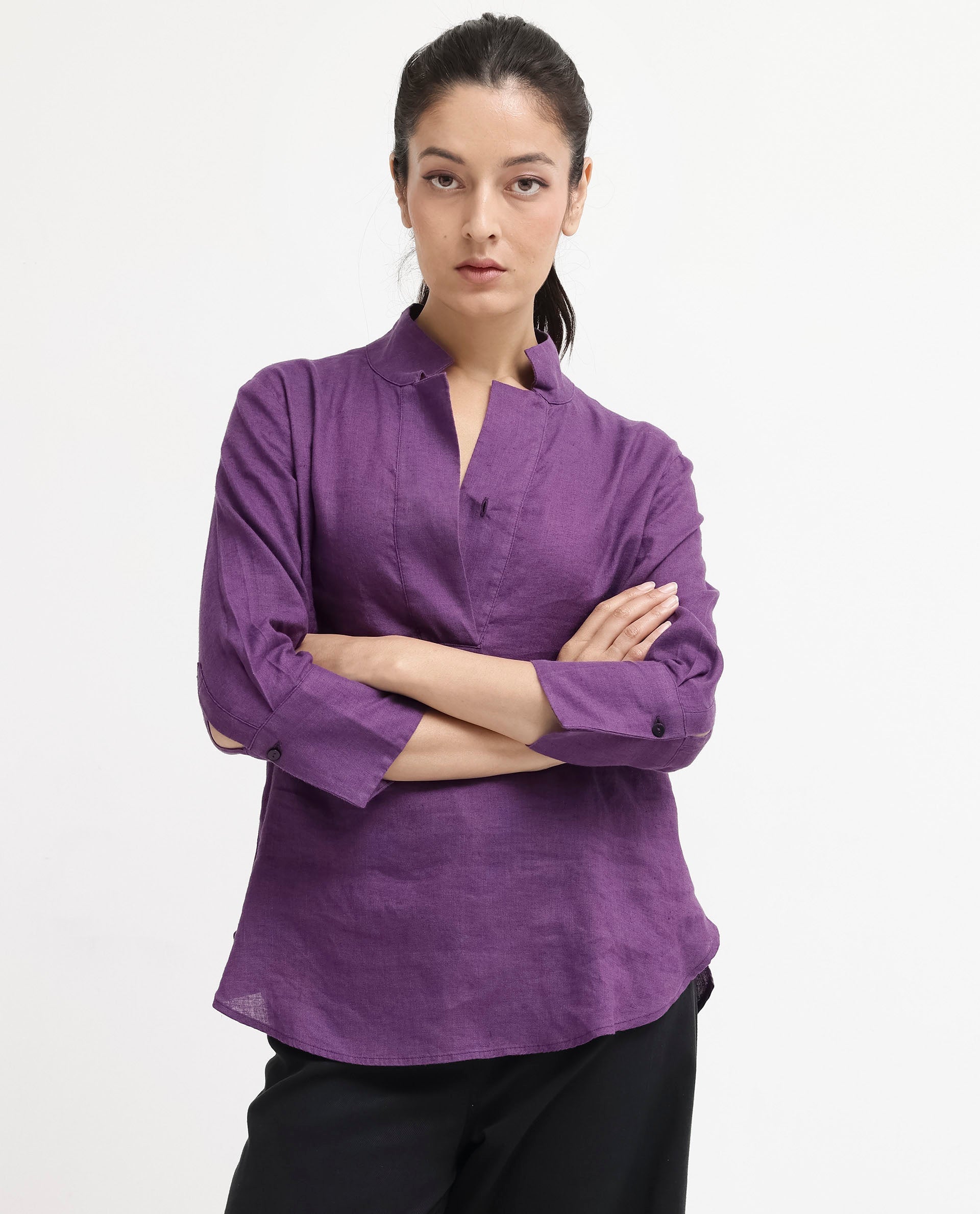 Rareism Women Laos Purple Cotton Linen Fabric Regular Sleeves V-Neck Solid Regular Length Top