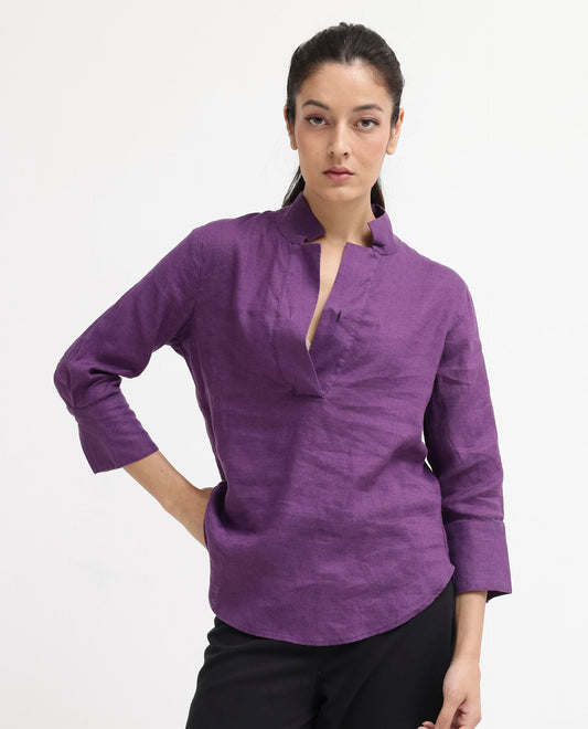 Rareism Women Laos Purple Cotton Linen Fabric Regular Sleeves V-Neck Solid Regular Length Top