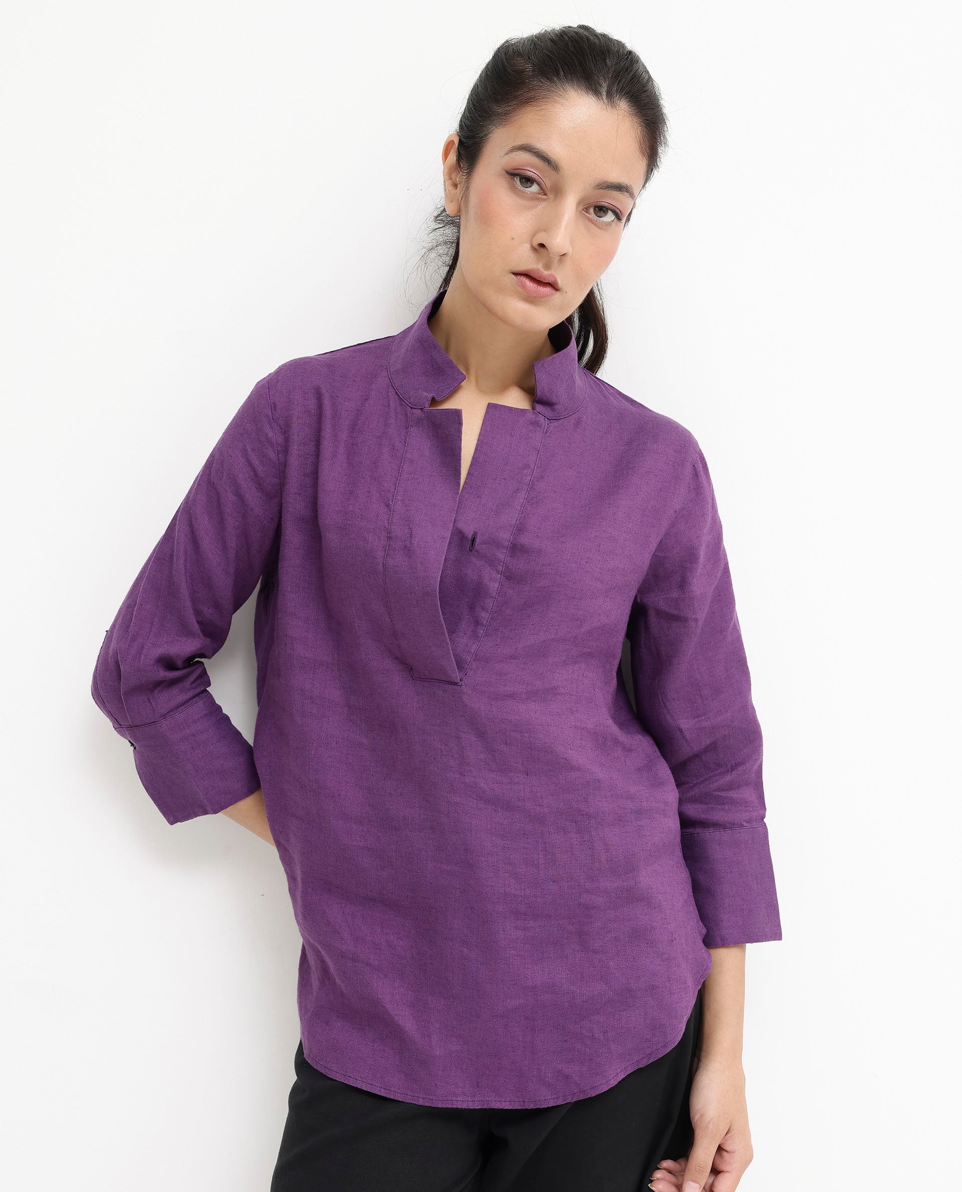 Rareism Women Laos Purple Cotton Linen Fabric Regular Sleeves V-Neck Solid Regular Length Top