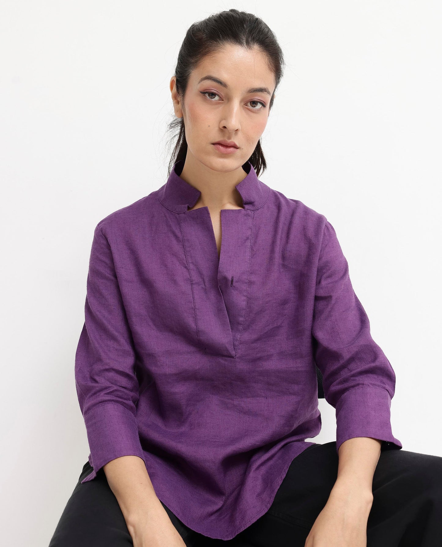 Rareism Women Laos Purple Cotton Linen Fabric Regular Sleeves V-Neck Solid Regular Length Top