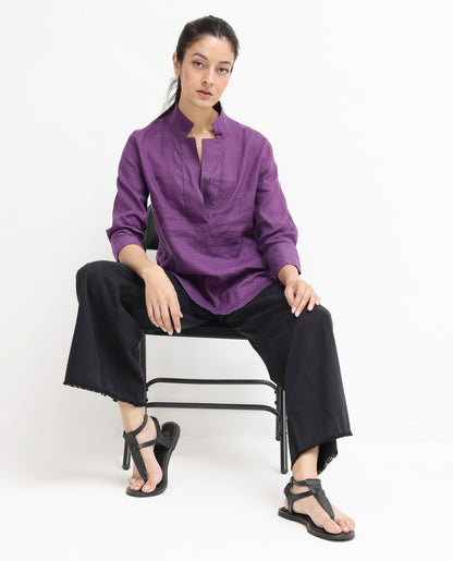 Rareism Women Laos Purple Cotton Linen Fabric Regular Sleeves V-Neck Solid Regular Length Top