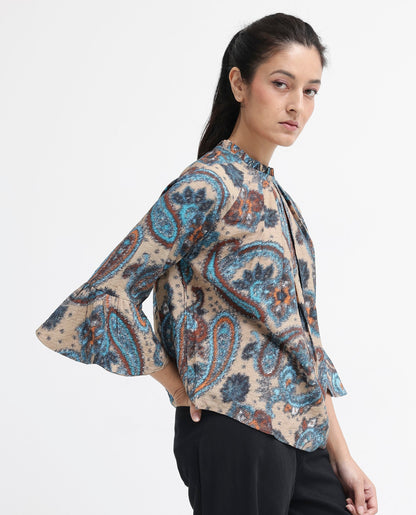 Rareism Women Lavand Multi Raglan Sleeves Ruffled Neck Button Paisley Print Top