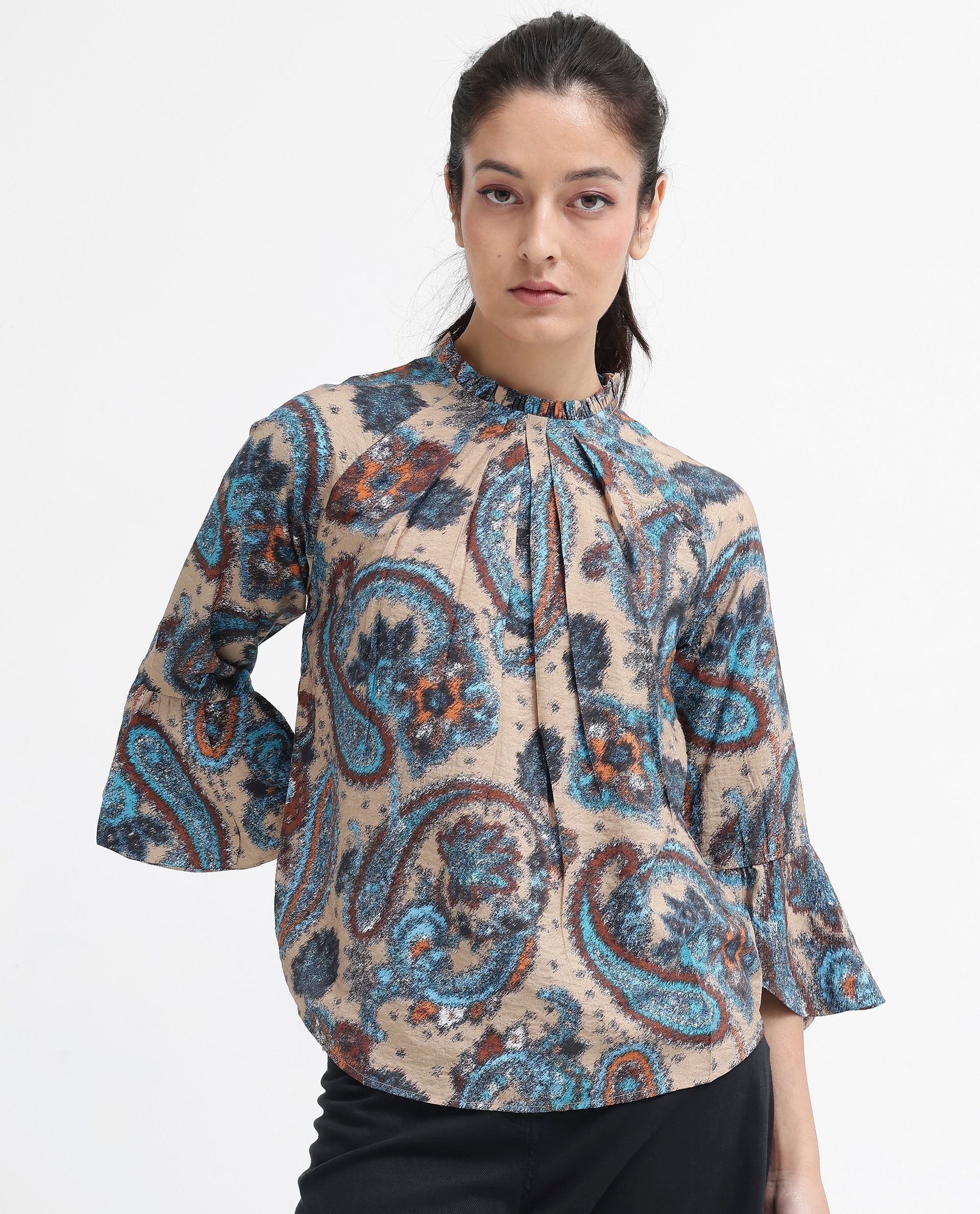 Rareism Women Lavand Multi Raglan Sleeves Ruffled Neck Button Paisley Print Top