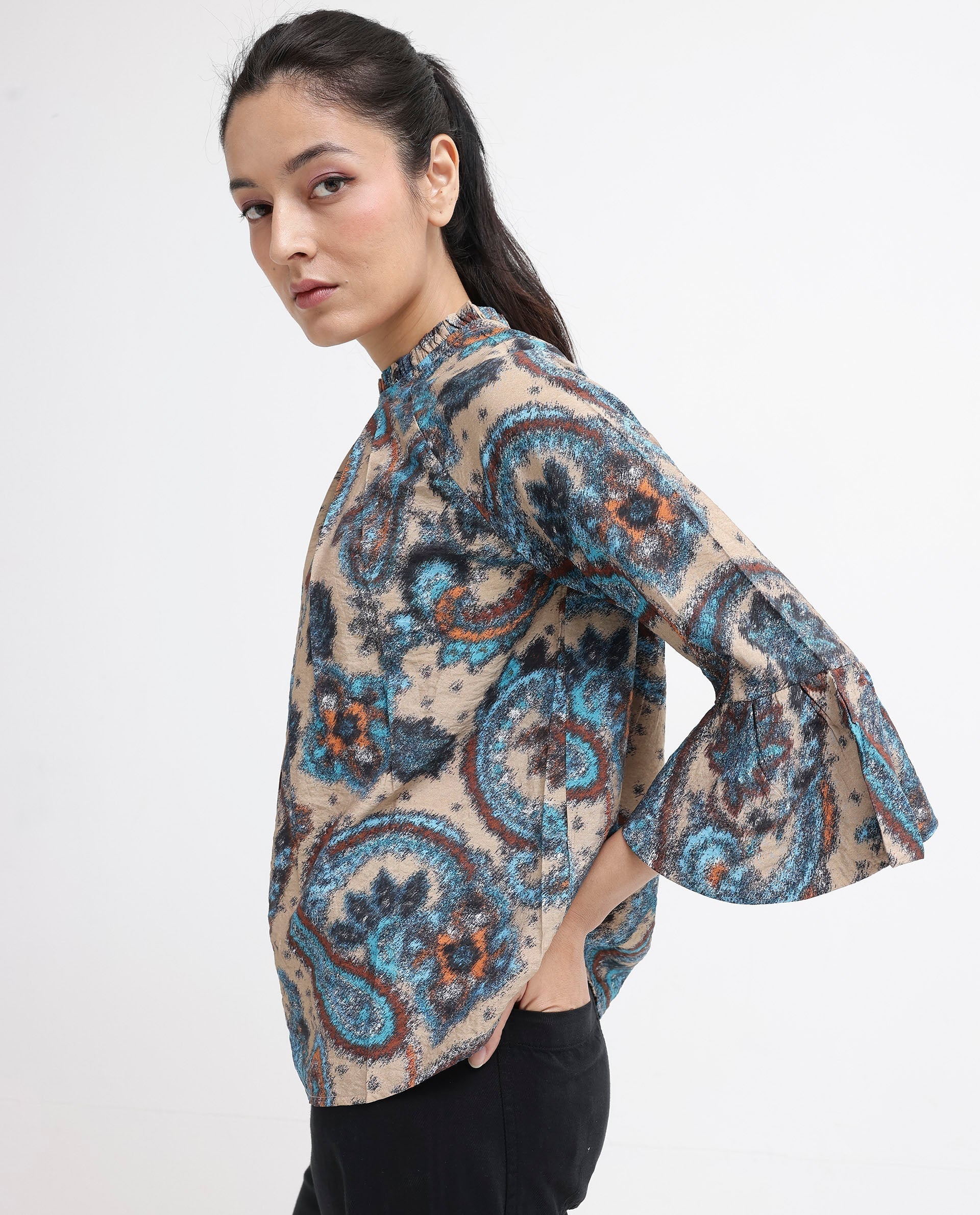 Rareism Women Lavand Multi Raglan Sleeves Ruffled Neck Button Paisley Print Top