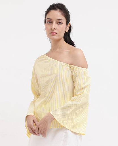 Rareism Women Leighton Pastel Yellow Cotton Fabric Full Sleeve One Shoulder   Stripe Top