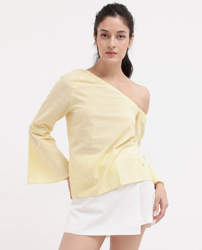 Rareism Women Leighton Pastel Yellow Cotton Fabric Full Sleeve One Shoulder   Stripe Top