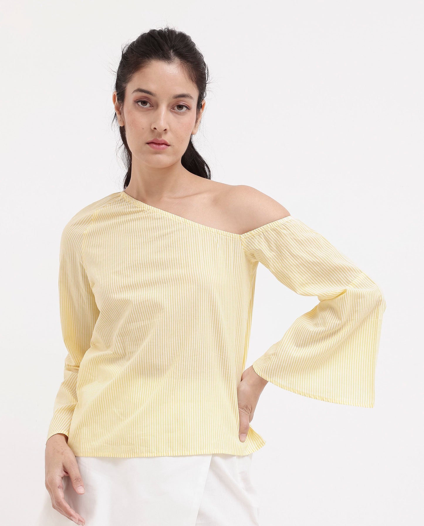 Rareism Women Leighton Pastel Yellow Cotton Fabric Full Sleeve One Shoulder   Stripe Top