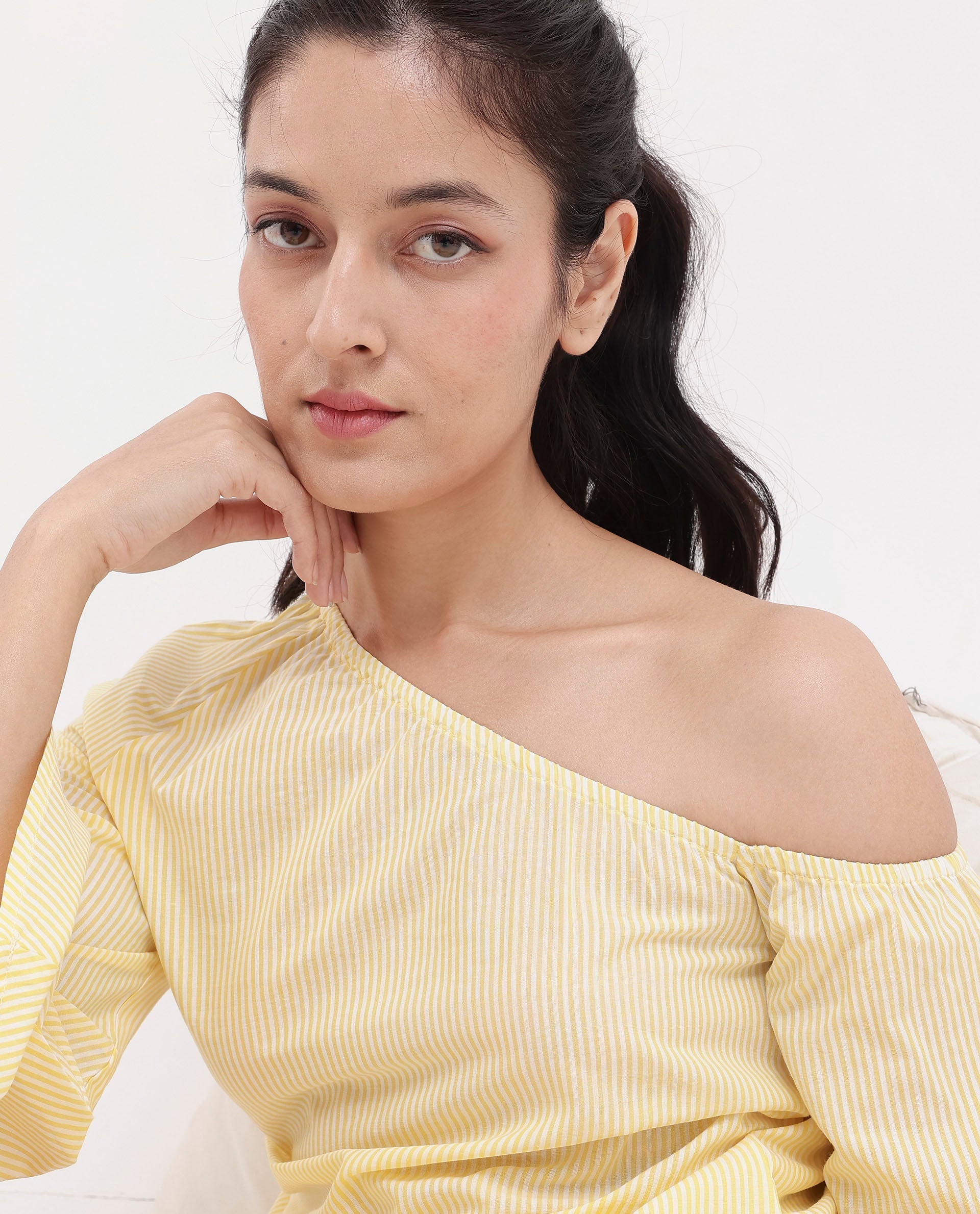 Rareism Women Leighton Pastel Yellow Cotton Fabric Full Sleeve One Shoulder   Stripe Top