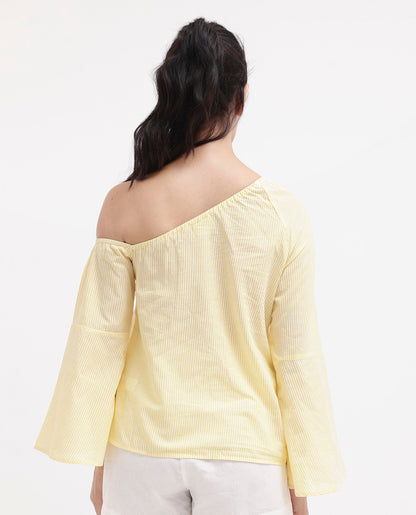 Rareism Women Leighton Pastel Yellow Cotton Fabric Full Sleeve One Shoulder   Stripe Top