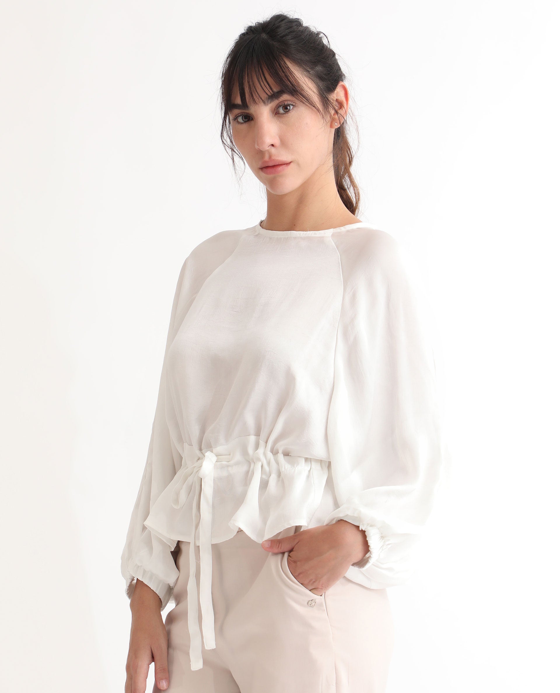 Rareism Women Lenze White Polyester Fabric Full Sleeves Boat Neck Volume Sleeve Oversized Plain Top