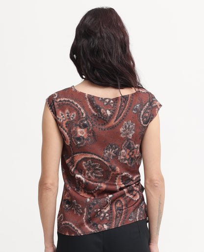 Rareism Women Levillet Brown Sleeveless Boat Neck Paisley Print Top