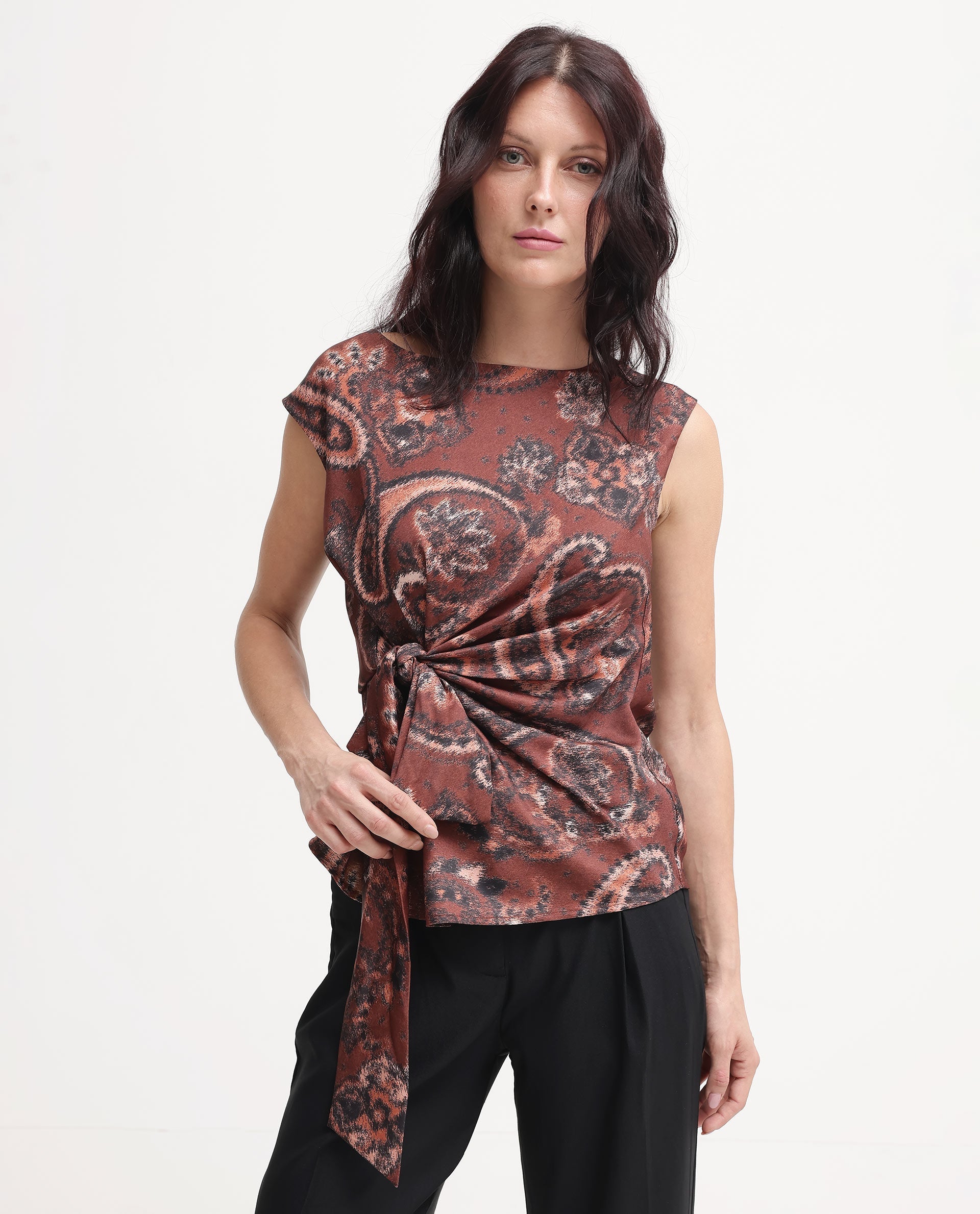 Rareism Women Levillet Brown Sleeveless Boat Neck Paisley Print Top