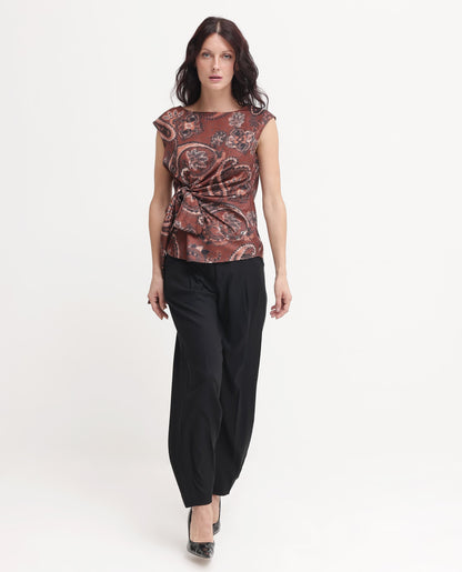 Rareism Women Levillet Brown Sleeveless Boat Neck Paisley Print Top