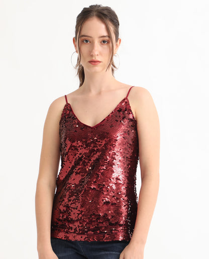 Rareism Women Lilo Sheen Red Polyester Fabric Sleeveless V-Neck Shoulder Straps Regular Fit Sequined Top