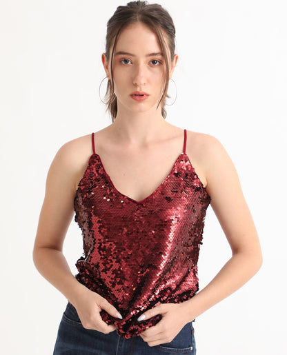 Rareism Women Lilo Sheen Red Polyester Fabric Sleeveless V-Neck Shoulder Straps Regular Fit Sequined Top