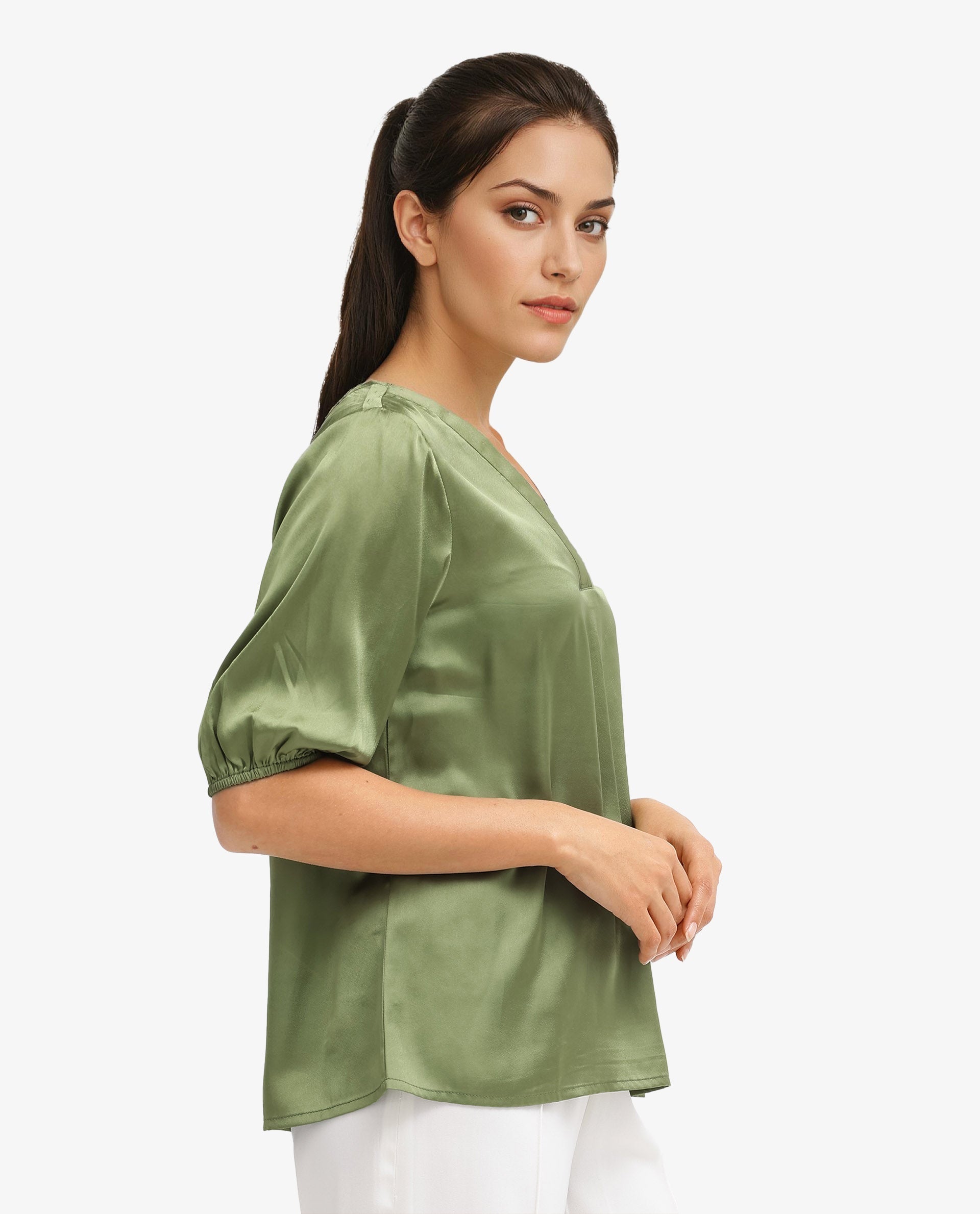 Rareism Women Linus Dark Green Polyester Fabric HALF Sleeve V-Neck Button Closure Solid Regular Fit Top