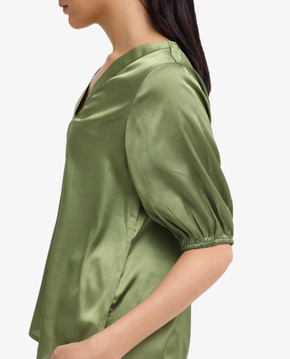 Rareism Women Linus Dark Green Polyester Fabric HALF Sleeve V-Neck Button Closure Solid Regular Fit Top