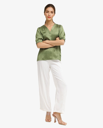 Rareism Women Linus Dark Green Polyester Fabric HALF Sleeve V-Neck Button Closure Solid Regular Fit Top